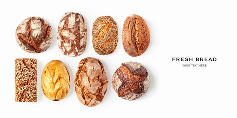 Assorted artisan breads set isolated on white background