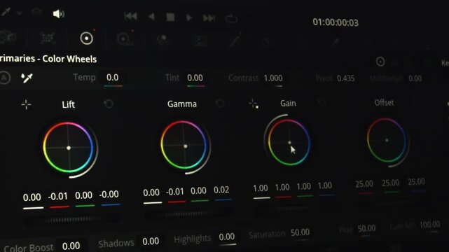 Editing program in computer display with color correction and color circles. Professional editing program video. Technology concept
