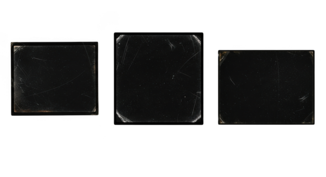Three scratched black squares isolated on transparent background - Powered by Adobe