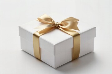 Obraz premium Elegant White Gift Box with Golden Ribbon on Clean Background