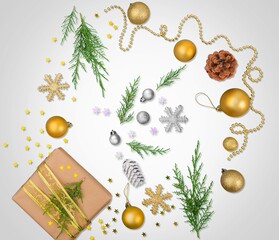 Collection of decorative green Christmas plants and decor