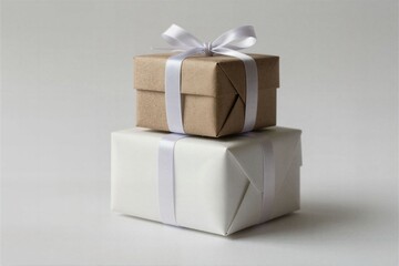 Elegant Gift Boxes Wrapped in Brown and White Paper with Ribbons