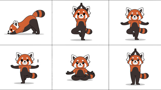 Cartoon red panda performing yoga poses in playful style  