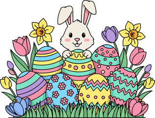 Cute Cartoon Easter Bunny Holding Colorful Decorated Egg Vector Illustration