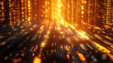 Abstract network of glowing orange light particles creating streams of data in a futuristic digital environment, representing technology, big data, and communication concepts