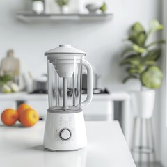 realistic product photo of modern blender on clean white kitchen counter, lifestyle home aesthetic