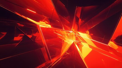 Abstract exploding glass fragments forming a geometric structure and reflecting vibrant red and orange light, creating an energetic and modern digital design background