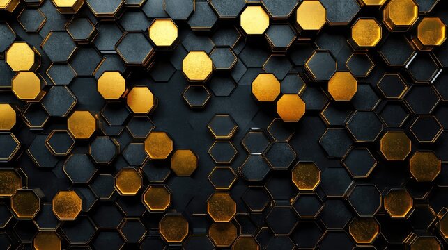 Interlocking dark hexagonal and octagonal shapes with alternating glossy gold and matte black textures creating an elegant, luxurious, and modern abstract background