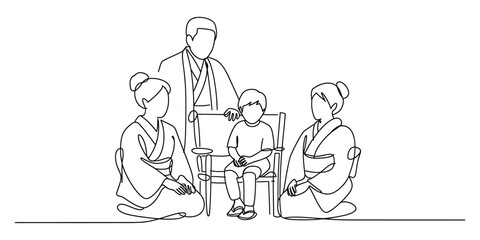 Japanese family portrait parents and child in traditional attire line art