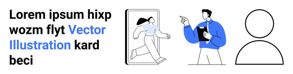 Digital identity, online communication, user interface design, technology integration, teamwork, and modern networking. A person stepping out of a phone and a professional interacting. Digital