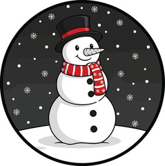Cartoon Snowman in Circular Winter Scene – Top Hat, Striped Scarf, and Snowflake Background for Christmas or Holiday Design Assets