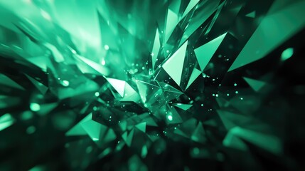Abstract green crystal shards creating a dynamic geometric pattern, reflecting light and shimmering with many small light particles, evoking a futuristic data explosion concept