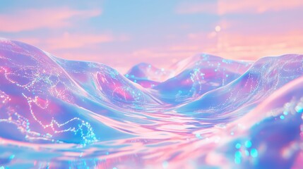 Abstract iridescent liquid forms flowing digital data waves, reflecting a dreamy pastel pink and blue sky, representing modern technology and future connections