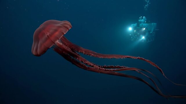 Red pulsating jellyfish drifting through the dark deep ocean, illuminated by the bright lights of a remotely operated vehicle exploring marine biology and oceanography