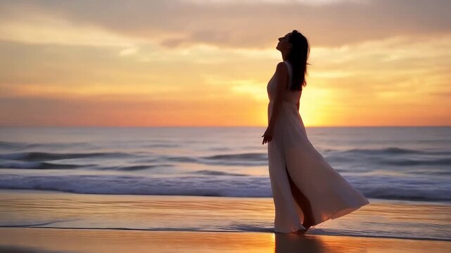 Silhouette of young woman standing on beach at sunset with flowing dress against ocean waves and colorful sky in background. Concept of freedom and self reflection