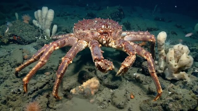 King crab on the deep ocean floor among sponges and anemones, showing textured carapace, spiny legs and benthic marine life in a dark, mysterious underwater habitat