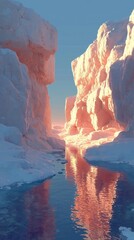 Ice formations reflect light in a narrow waterway at dusk near the frozen landscape