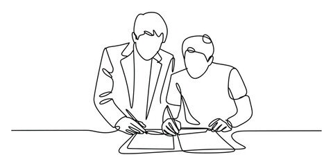 Two people signing a document, oneline continuous drawing style