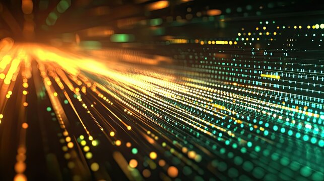 Abstract visualizing technology with glowing data dots accelerating, representing internet fiber optic connections, fast streaming information, and network communication concepts - Powered by Adobe