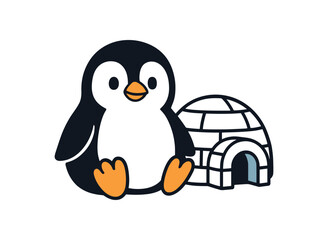 Flat vector illustration of bright sitting beside small igloo icon cozy polar home vibe