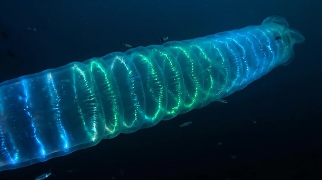Pyrosome, a giant colonial tunicate, slowly drifting in the open ocean waters, displaying vibrant blue and green bioluminescent patterns illuminating its translucent body structure