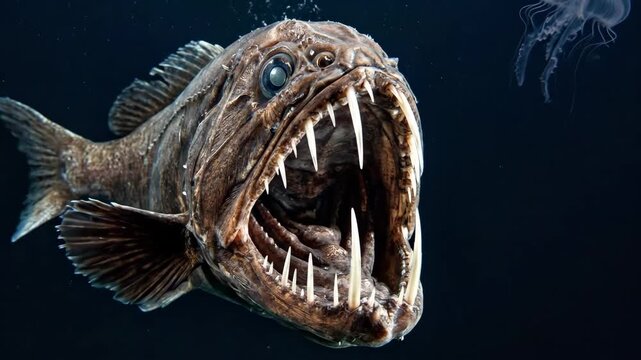Fangtooth fish with large fangs and open mouth swimming near a translucent jellyfish, illustrating deep-sea marine life, predator behavior, and ocean wildlife in dark water