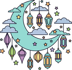 Cartoon Islamic Crescent Moon with Hanging Lanterns Stars and Clouds Vector Illustration