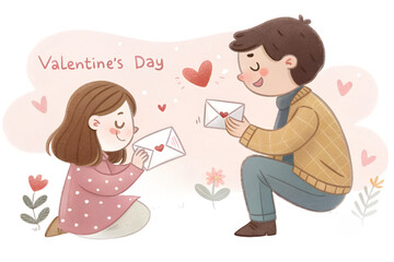 Obraz premium Sweet Valentine’s Day illustration of a cute couple exchanging love letters and smiling shyly. Soft cartoon style, gentle shading and pastel colors create an intimate romantic atmosphere. Isolated on 