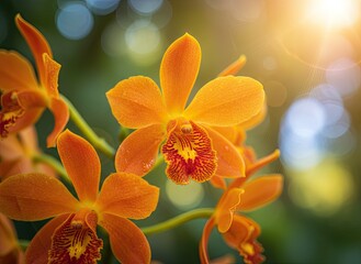 Close up of vibrant orange orchids with intricate red patterns on petals glistening with dew drops bathed in warm golden sunlight against a soft bokeh background