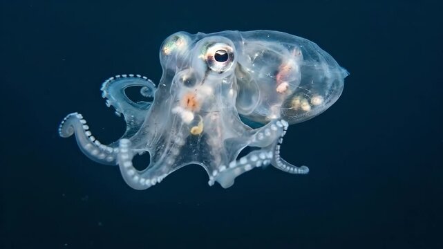 Transparent glass octopus with visible internal organs swimming gracefully in the dark deep sea environment, exemplifying unique marine life adaptation and biological wonder