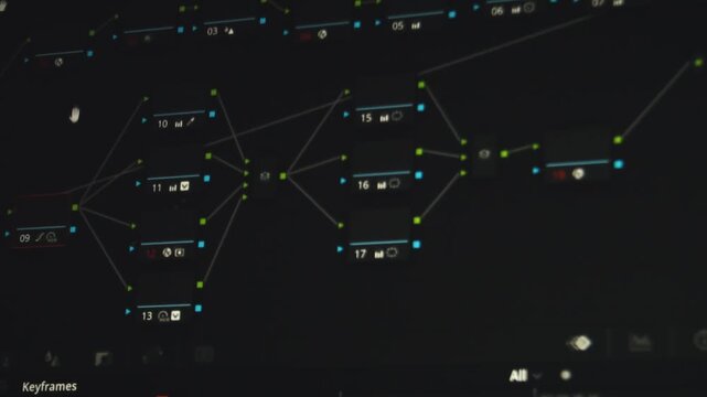 Editing program in computer display with node, color correction and color circles. Professional editing program video. Technology concept