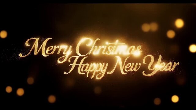 Golden glowing text merry christmas and happy new year with sparkling particles on dark festive background with bokeh lights. Concept of holiday greeting and celebration