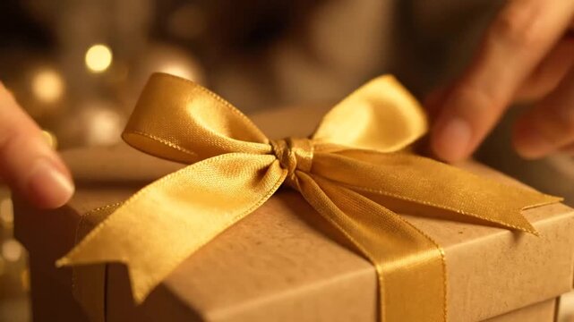 Close-up of hands elegantly wrapping a gift box with a golden ribbon for