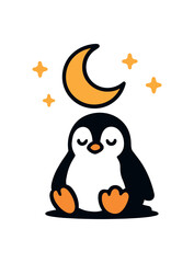 Flat vector illustration of bright sitting under crescent moon with stars night calm pose