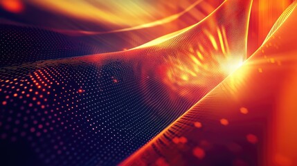 Abstract digital wave of glowing red and orange particles forming a futuristic mesh network, representing communication, technology, and connection with vivid light effects