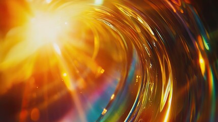 Abstract flowing stream of golden light illuminates a curving spiral object, generating brilliant color refractions, vibrant light effects, and a dynamic, energetic background
