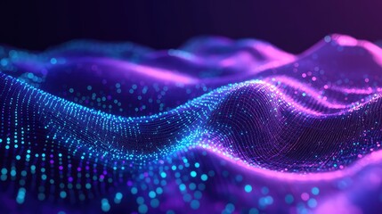 Digital data points illuminate a vibrant, flowing abstract wave pattern, creating a futuristic visualization of technology, big data, and neural network connections in a dynamic, glowing grid