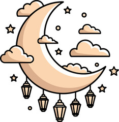 Cartoon Islamic Crescent Moon with Hanging Lanterns Stars and Clouds Vector Illustration