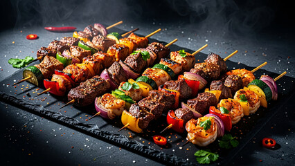 Delicious grilled meat and vegetable skewers on black slate plate