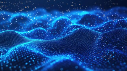Blue digital particles creating an abstract undulating wave surface, representing data flow, connectivity, and advanced technology concepts in a futuristic network environment