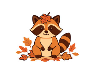 Flat vector illustration of bright raccoon sitting among fallen autumn leaves with one leaf on head