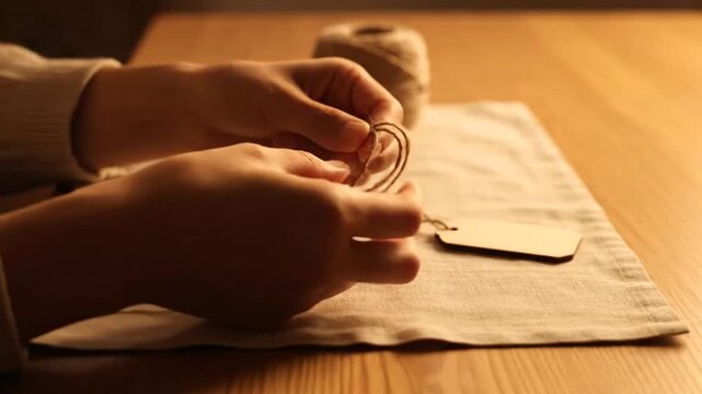 Close-up of hands tying a string on a paper tag illuminated by warm light in a