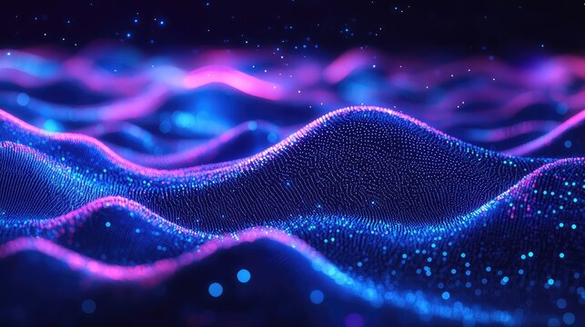 Abstract surface of glowing blue and purple particles forming undulating waves, visualizing data energy, artificial intelligence, and futuristic technology concepts - Powered by Adobe