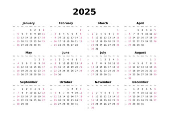 Kalender 2025 mit Wochenz&auml;hlung, englisch, elegant, erster Wochentag ist Sonntag, Querformat