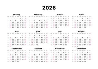 Kalender 2026 mit Wochenzählung, englisch, elegant, erster Wochentag ist Sonntag, Querformat
