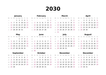 Kalender 2030 mit Wochenzählung, englisch, elegant, erster Wochentag ist Sonntag, Querformat