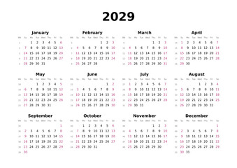 Kalender 2029 mit Wochenzählung, englisch, elegant, erster Wochentag ist Sonntag, Querformat