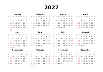 Kalender 2027 mit Wochenz&auml;hlung, englisch, elegant, erster Wochentag ist Sonntag, Querformat