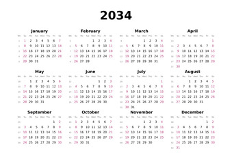 Kalender 2034 mit Wochenzählung, englisch, elegant, erster Wochentag ist Sonntag, Querformat