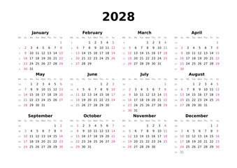 Kalender 2028 mit Wochenz&auml;hlung, englisch, elegant, erster Wochentag ist Sonntag, Querformat